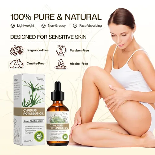 Vista 2 de Aceite Cyperus Rotundus para depilación: reduce el crecimiento no deseado del cabello, ralentiza el nuevo crecimiento, calma la piel y encoge