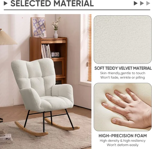 Vista 5 de Silla mecedora de terciopelo de peluche, sillón mecedora con carga para guardería, cómoda silla auxiliar para sala de estar, dormitorio