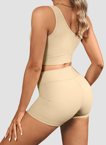 Vista 5 de Conjuntos de entrenamiento para mujer, trajes de 2 piezas, un hombro, sin costuras, brasier deportivo de cintura alta, pantalones cortos