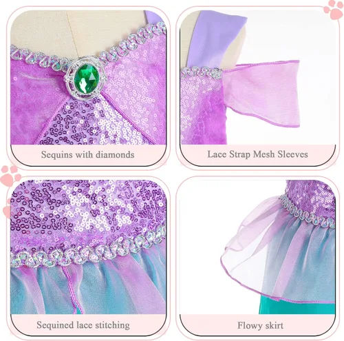 Vista 2 de BLOOMIRO Disfraz de princesa Ariel de sirena para niñas pequeñas, disfraz de cosplay con accesorios