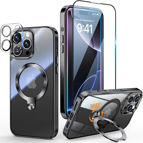 Vista 29 de [Protección Tri-Shield] Funda para iPhone 13 Pro con soporte giratorio de 360° compatible con MagSafe [anillo magnético de CD)