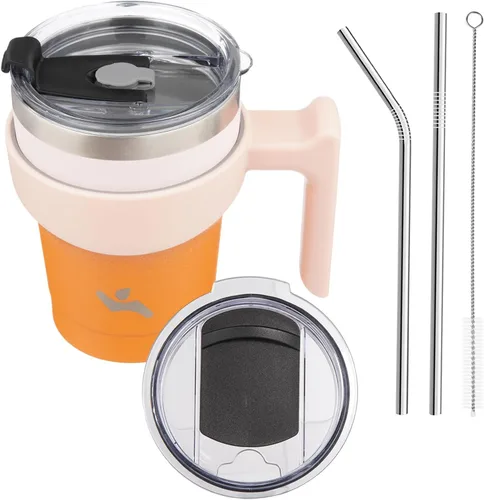 Vista 16 de Konokyo - Vaso de 10 onzas con asa y 2 popotes, 2 tapas, botella de agua aislada de acero inoxidable, taza de viaje reutilizable, color verde militar