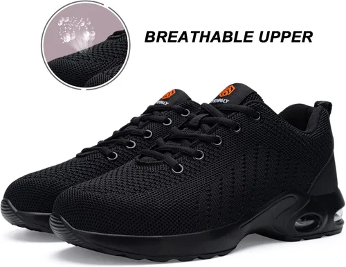 Vista 7 de FENLERN - Zapatos con punta de acero para mujer, tenis de seguridad ligeros con amortiguación de aire, zapatos de trabajo resistentes, fáciles