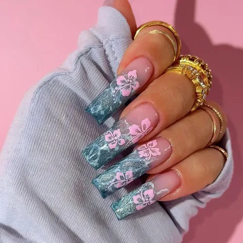 Vista 16 de IMSOHOT Uñas postizas, acrílicas de color naranja mate, puntas francesas cuadradas, 24 unidades, uñas extra largas con pegamento con bonitos diseños