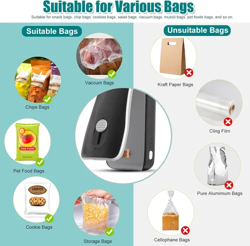 Vista 5 de Mini sellador de bolsas 2 en 1, sellador térmico recargable de bolsas de Negro