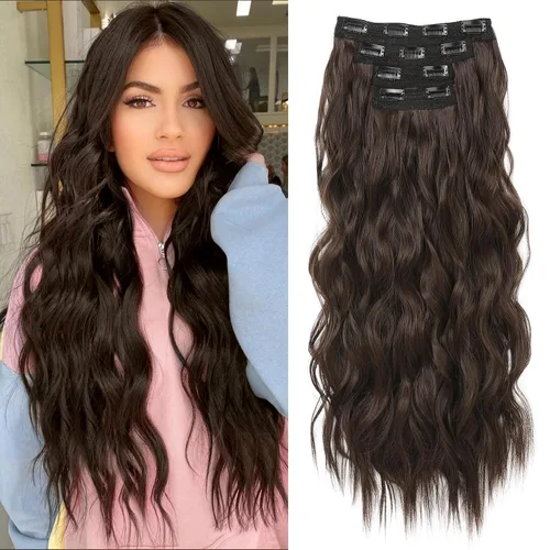 Vista 21 de REECHO Extensiones de cabello con pinza, 4 piezas de extensiones de cabello rubio de 24" de largo, ondas de playa gruesas, HE003, trama de encaje