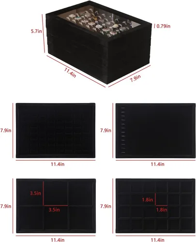 Vista 2 de Organizador de 4 bandejas de joyería con tapa, caja de almacenamiento apilable para anillos, aretes, collares, pulseras, estuche organizador