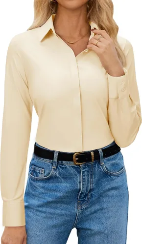 Vista 10 de siliteelon Womens Button Down Shirt Stretch Dress Shirt Collared Long Sleeve Hidden-Button Work Shirt Wrinkle-Free Blouse