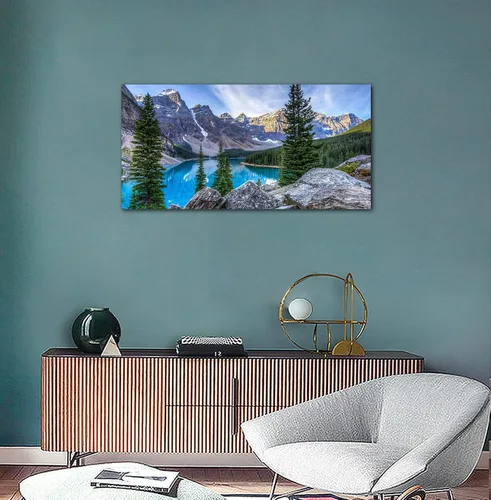 Vista 6 de Lienzo decorativo para pared, diseño de lago de montaña, ilustraciones de naturaleza grande, lago Moraine alimentado glacialmente, parque nacional