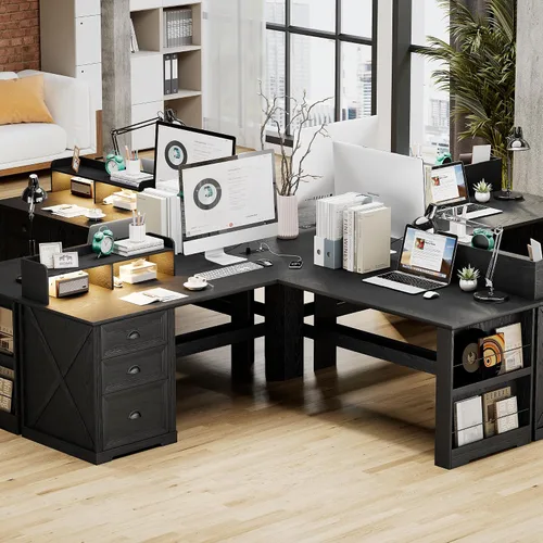 Vista 9 de FREDEES Escritorio en forma de L con soporte móvil y luces LED, escritorio de 59 pulgadas estilo granja para oficina en casa con cajón para Negro
