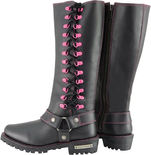 Vista 8 de Milwaukee Leather MBL9367 - Botas de cuero negras de 14 pulgadas con cordones fucsia, talla 9.5
