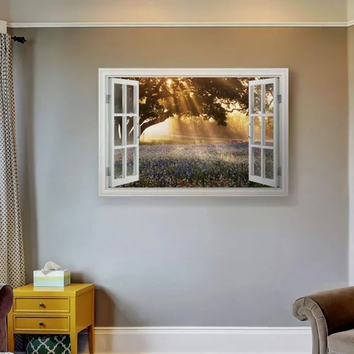 Vista 4 de Renditions Gallery Komorebi - Arte de pared con ventana, luz del sol que brilla a través de las hojas de los árboles, hermosa naturaleza, decoración