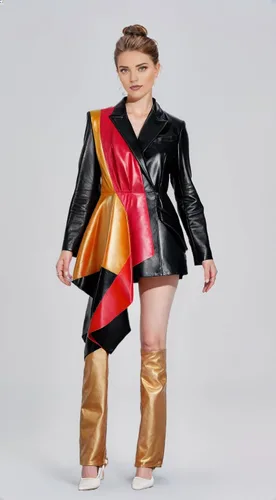 Vista 3 de Diseñador exclusivo medio peplum chaqueta de cuero genuino para las mujeres diseño multicolor negro rojo bronceado