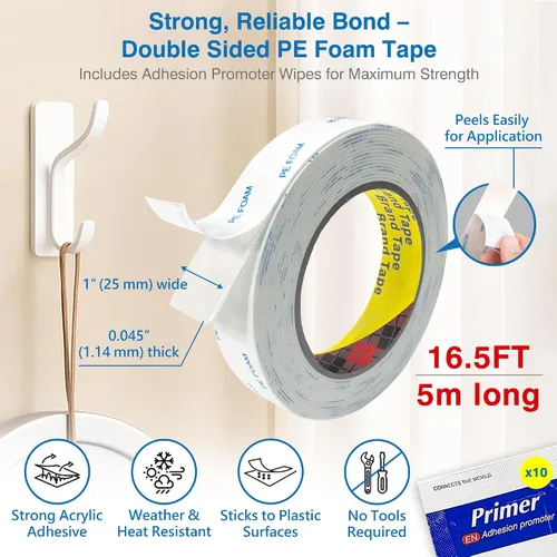 Vista 2 de Cinta extraíble de doble cara – Cinta de montaje de espuma PE de servicio pesado de 1 pulgada x 16.5 pies con promotores de adhesión – Seguro