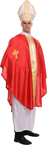 Vista 9 de Maxim Party Supplies Disfraz de Halloween para adultos, disfraz de cardenal católico bíblico para hombres, incluye bata blanca, poncho papal rojo