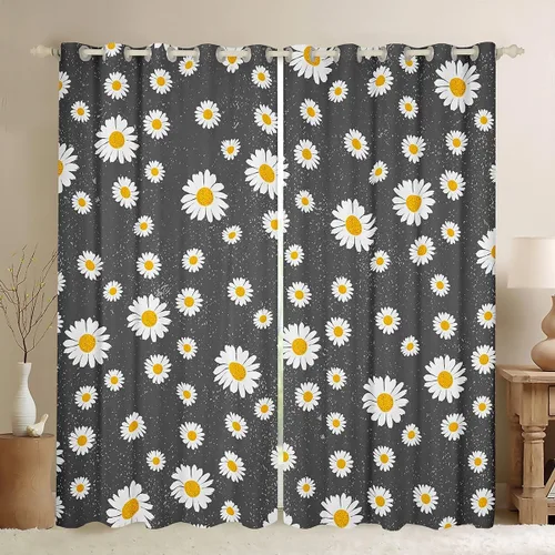 Vista 10 de Cortinas opacas de margaritas blancas, cortinas florales Trippy para niños y niñas, flores amarillas de jardín, 76 x 45 pulgadas, cortinas
