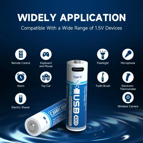 Vista 4 de Paquete de 4 baterías recargables de litio AA, batería doble AA de 1.5 V 4200 mWh con cable de carga USB-C, más de 2000 ciclos, carga rápida