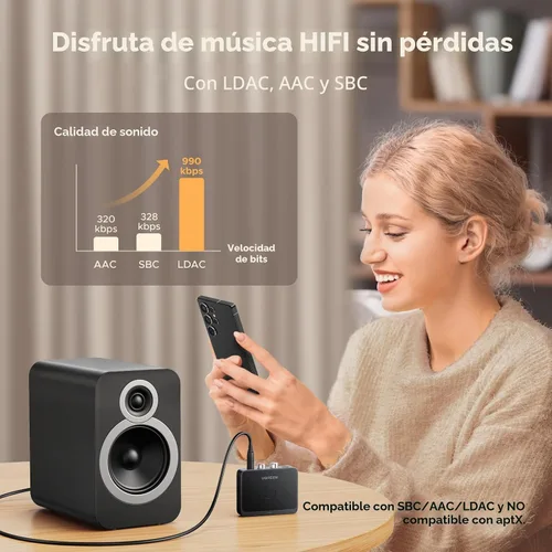 Vista 2 de UGREEN Receptor Bluetooth 6.0 con LDAC, adaptador de audio inalámbrico de alta resolución con baja latencia, para estéreo