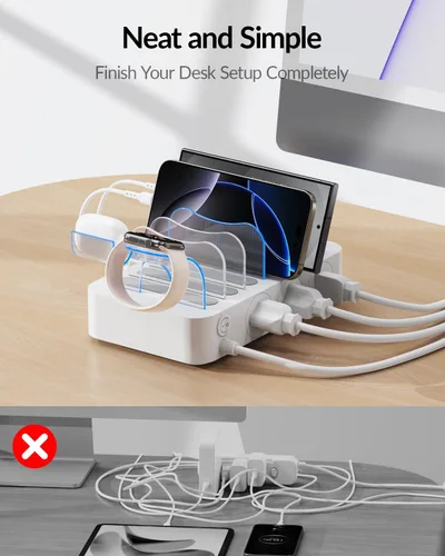 Vista 5 de SooPii Estación de carga de 60 W para múltiples dispositivos, base de carga USB C de 6 puertos con 3 salidas de CA, 3 USB C, 3USB A, cable