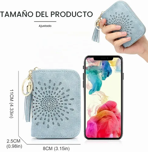 Vista 5 de APHISON RFID - Porta tarjeta de crédito con cremallera, llavero, cartera pequeña para mujer, Moderno 0-3AZUL (cremallera simple)
