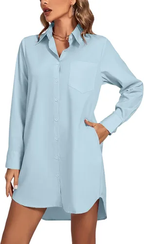 Vista 15 de LYANER Vestido camisero para mujer con cuello en V, botones, manga larga y dobladillo curvado