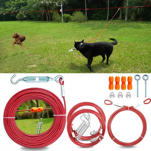 Vista 8 de Sistema de carro aéreo resistente para perros pequeños a grandes, cable de funcionamiento de 100 pies/75 pies con cable de pasillo de 10 pies, ideal