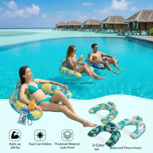 Vista 4 de Paquete de 3 flotadores inflables de piscina para adultos con portavasos y reposacabezas – Sillas de PVC resistentes, flotadores de fiesta