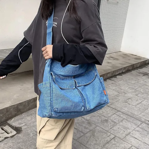 Vista 6 de Freie Liebe Bolsa de lona para mujer con múltiples bolsillos grande, bolsa de hombro cruzada para la escuela