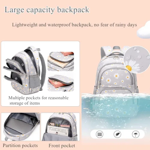 Vista 4 de Mochila con estampado de margaritas para niñas de secundaria y primaria, juego de mochila con lonchera (negro)