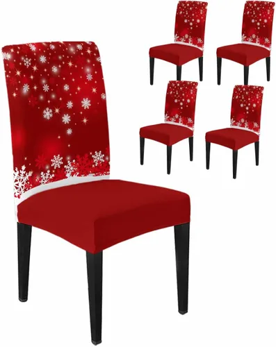 Vista 61 de Savannan - Juego de 4 fundas para sillas de árbol de Navidad, bolas de copos de nieve de color rojo invierno, fundas elásticas para sillas Parsons