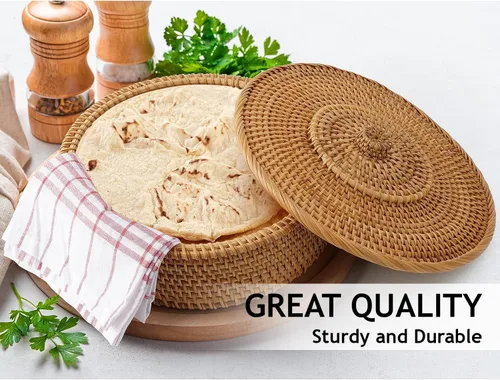 Vista 3 de Tortillada - Calentador de Tortilla de Ratán de 10 pulgadas – Cesta de pan hecha a mano para tortillas, envolturas y pan plano – Cesta