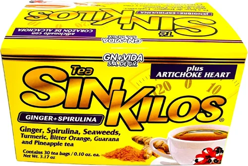 Vista 7 de SinKilos Detox Tea GN+Vida Potente té limpiador con jengibre, espirulina, cúrcuma naranja y piña fórmula antioxidante saludable, sin cafeína, todo