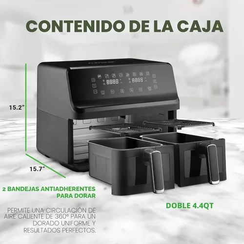 Vista 6 de NutriChef Freidora de aire con doble cesta de 8.8 cuartos de galón Freidora de aire sin aceite tamaño familiar con ventana transparente 9-1