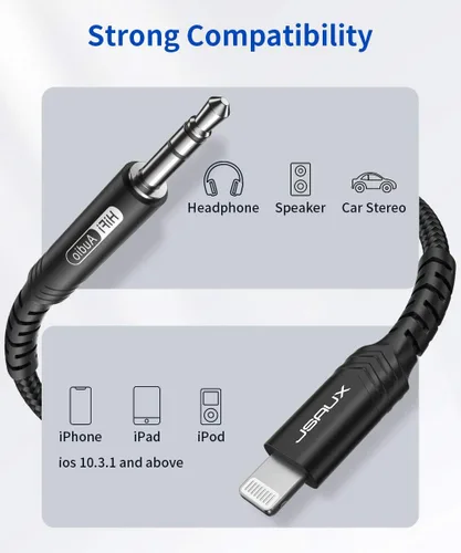 Vista 4 de JSAUX - Cable de audio Lightning a 0.138 pulgadas (3.5mm) de 3.3 pies, [certificado Apple MFi] auriculares para iPhone, cable auxiliar Lightning