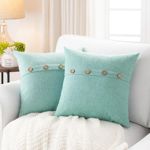 Vista 19 de Meekio Juego de 2 Fundas de Almohada Verde Aqua de 16 x 16 Fundas de Almohada de Lino con Botones de Coco Decoración de Granja Regalos