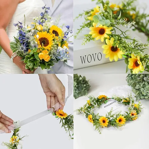 Vista 4 de WOVOWOVO Coronas de girasol para niñas y mujeres, corona de hojas de margarita nupcial, accesorios para el cabello de novia, corona floral con cinta