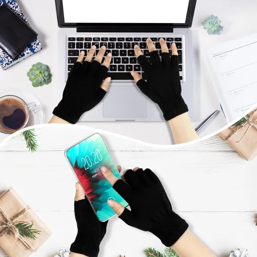 Vista 4 de Sumfox 4 pares de guantes negros sin dedos para mujeres y hombres, guantes unisex de medio dedo, guantes de punto, guantes elásticos de invierno