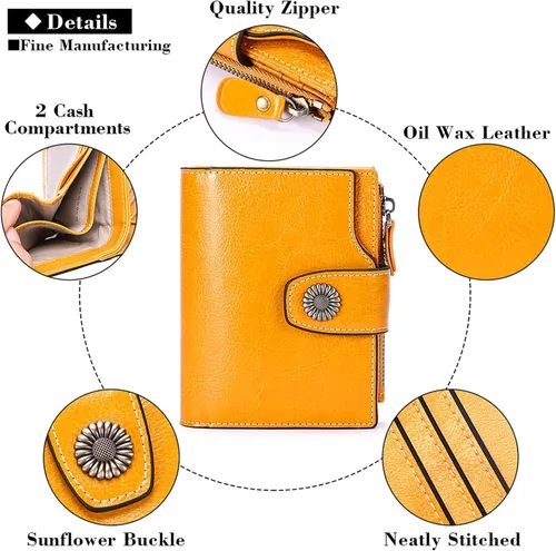 Vista 5 de FALAN MULE Cartera pequeña para mujer, de piel, plegable, compacta, pequeña, con bloqueo RFID, amarillo, antiguo (Antique Yellow), Cartera Rfid