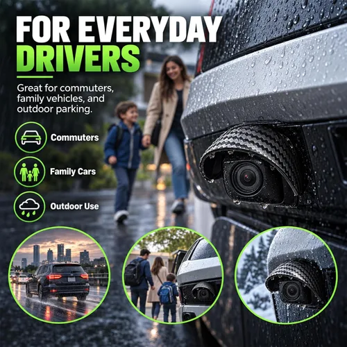 Vista 8 de Protector de lluvia para cámara de respaldo de 4 piezas, toldo curvado de PVC negro, cubierta de lluvia para cámara de marcha atrás, protector