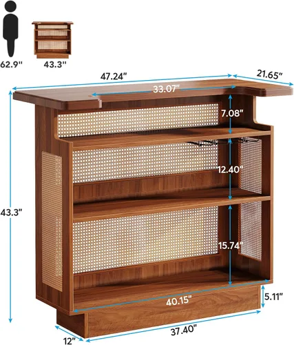 Vista 10 de Tribesigns: unidad de bar para el hogar de ratán, mesa de bar de 4 estantes estilo granja con 4 portavasos y base elevada, gabinete de bar