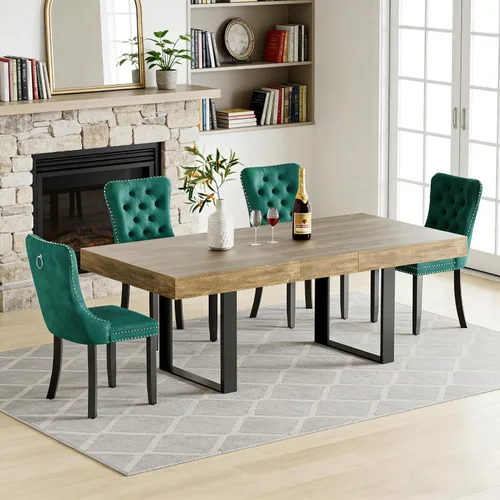 Vista 39 de Juego de mesa de comedor extensible de 5 piezas para 4, mesa de cocina de madera marrón de 63-78.7 pulgadas con 4 sillas acolchadas beige, juego