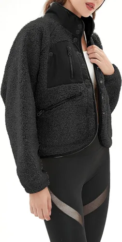 Vista 4 de APAFES Chaqueta corta de forro polar Sherpa para mujer, abrigada con botones, abrigos, con bolsillos