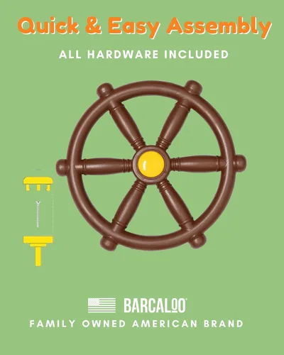 Vista 5 de Barcaloo Rueda de barco pirata para niños, color marrón, juego de columpios para volante de gimnasio de la selva, accesorio para casa del árbol