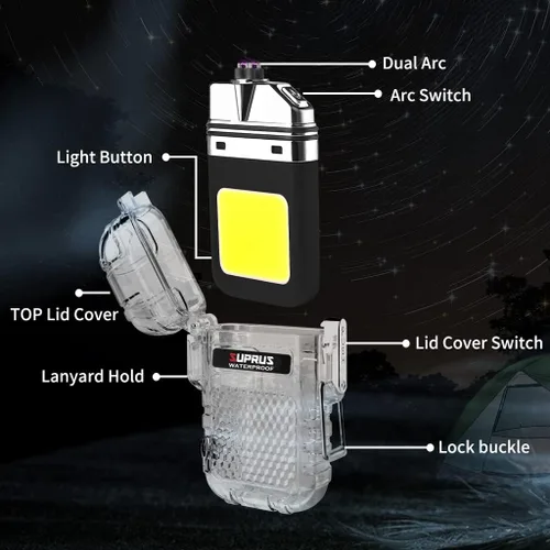 Vista 2 de SUPRUS Mechero impermeable de 3 modos de linterna, encendedor resistente al viento, eléctrico de arco doble recargable, encendedor de plasma de arco