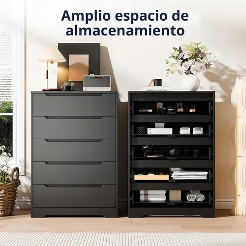 Vista 8 de Cozy Castle - Cómoda de 5 cajones, cómoda moderna de madera con gran organizador, gabinete de almacenamiento con acento de madera para sala de Negro