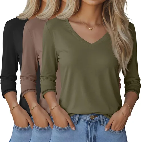 Vista 10 de Ficerd Paquete de 3 camisetas de manga 3/4 para mujer, cuello en V, blusas holgadas, blusas casuales, ropa de moda 2026
