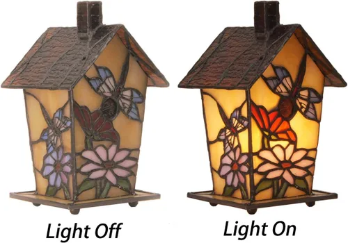 Vista 2 de Bieye L10782 - Lámpara de mesa estilo Tiffany con vitral en forma de casa de pájaro para decoración del hogar (17.8 cm de alto, libélula)