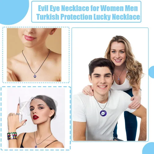 Vista 2 de RUIZHEN - Collar con dije plateado con cristal de mal de ojo, con cordón de cuero, collar con ojos azules