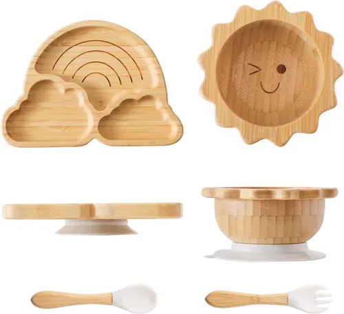 Vista 7 de let's make Juego de Platos y Cuencos de Bambú con Ventosa para Bebé y Niño Pequeño, Bandeja Dividida, Cuenco de Comida con Tenedor y Cuchara de Set