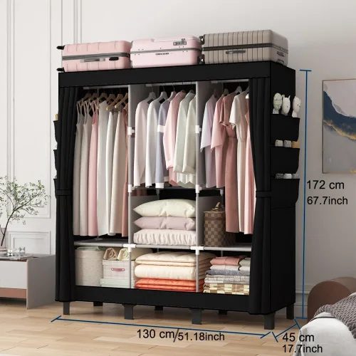 Vista 8 de Armario portátil, caja de almacenamiento de ropa, armario simple para colgar ropa, múltiples estantes y 3 barras, 6 bolsillos laterales (negro)